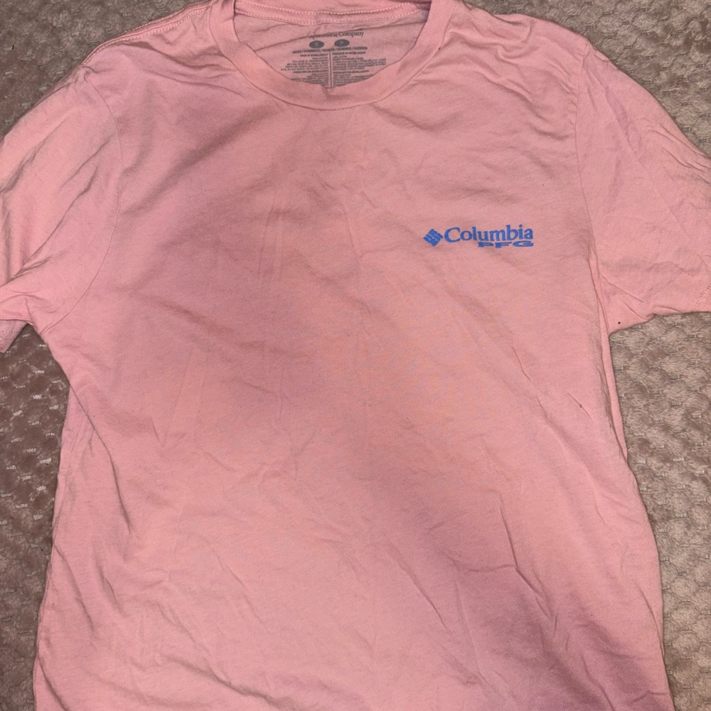 Columbia Men's Light Pink Tee with Blue Logo